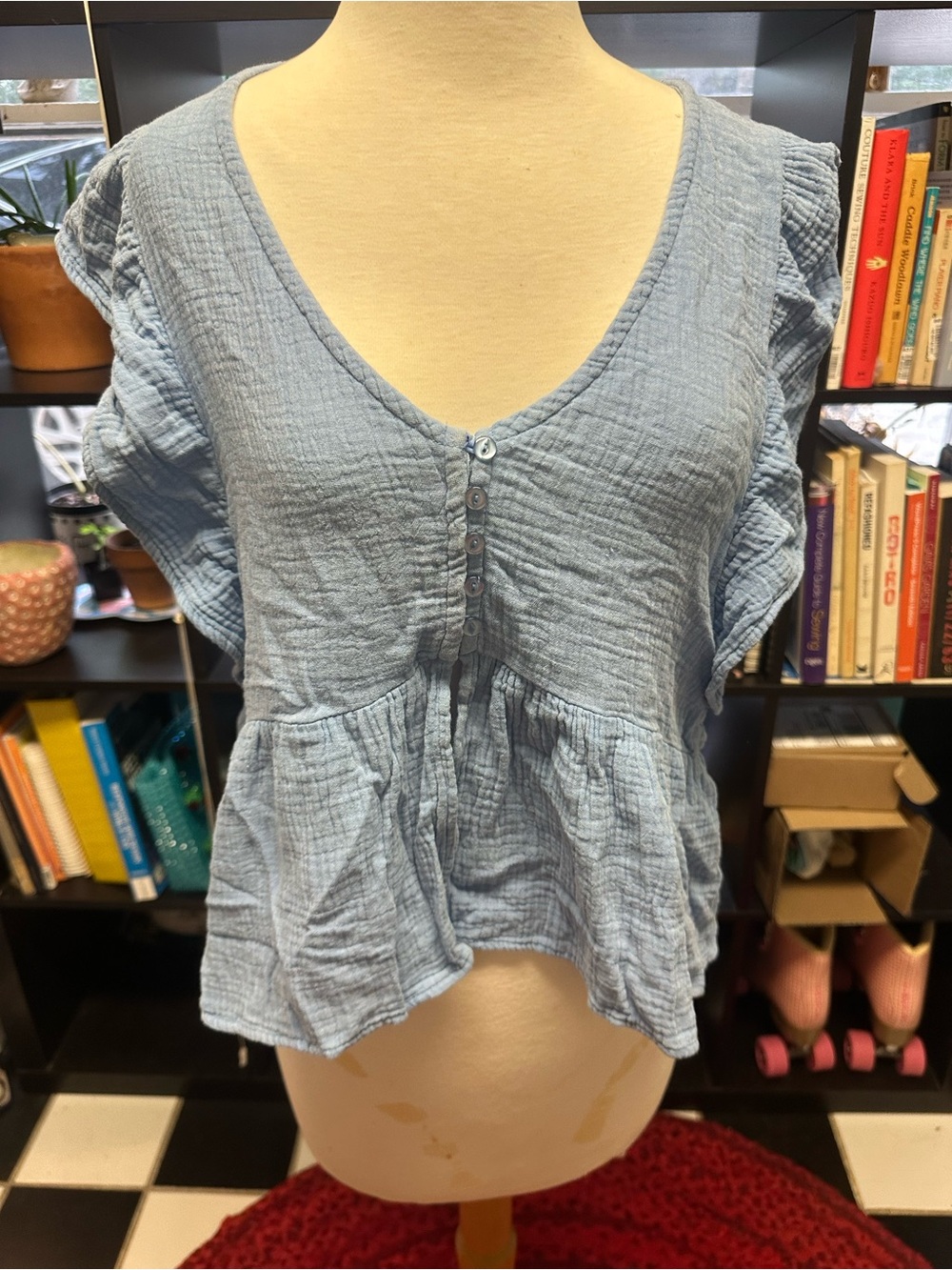 Rewind Light Blue Gauze Peplum Button Front Top